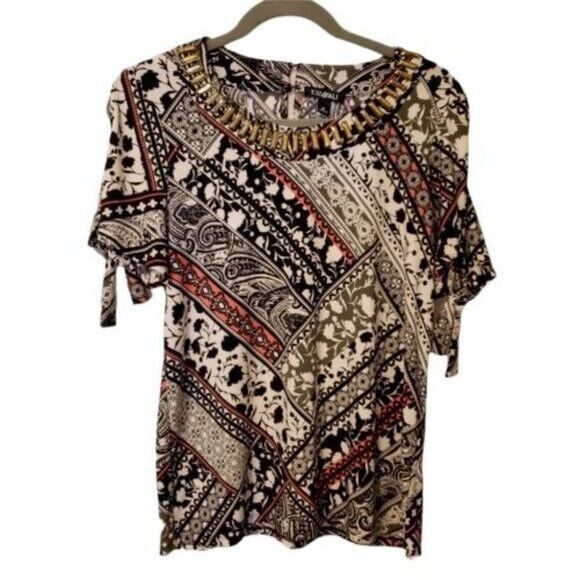IOZ & ALI Womens Sz M Multicolor  Floral Short Sleeve Blouse - Picture 1 of 8